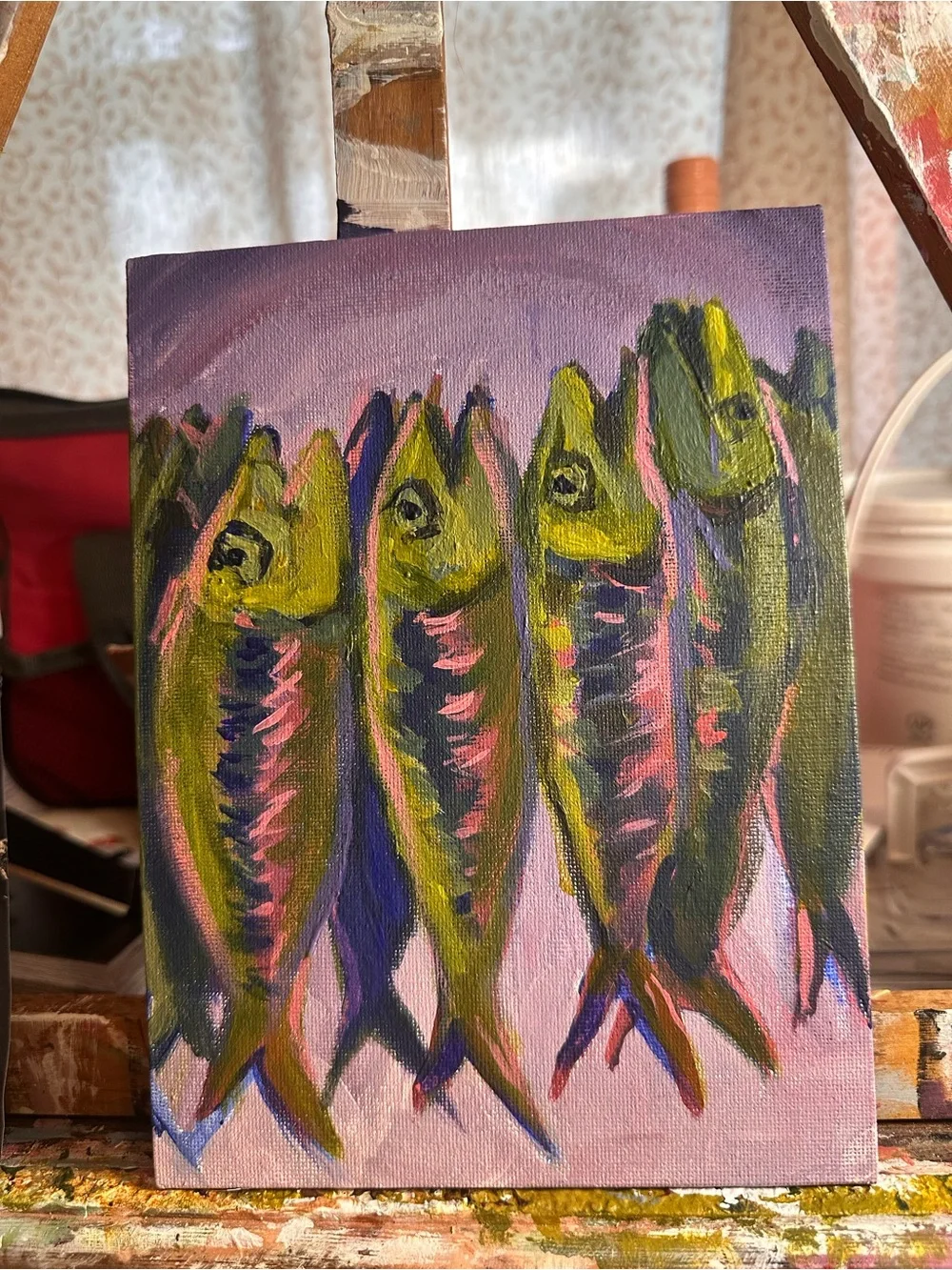 Hand-Painted Fish Wall Art - Green and Pink Aquatic Painting